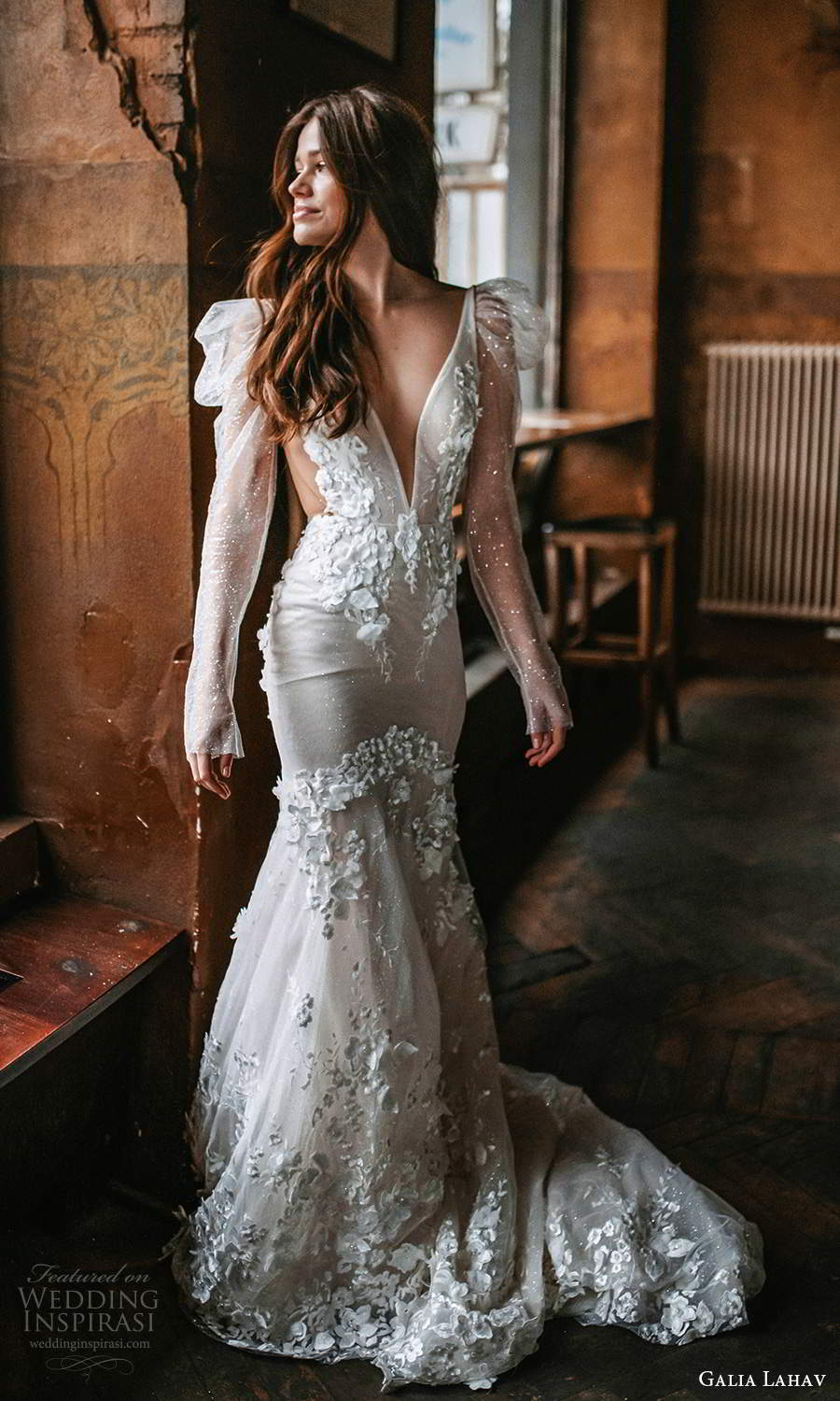 galia lahav spring 2022 gala bridal long puff sleeve plunging v neckline fully embellished fit flare mermaid wedding dress chapel train (6) mv