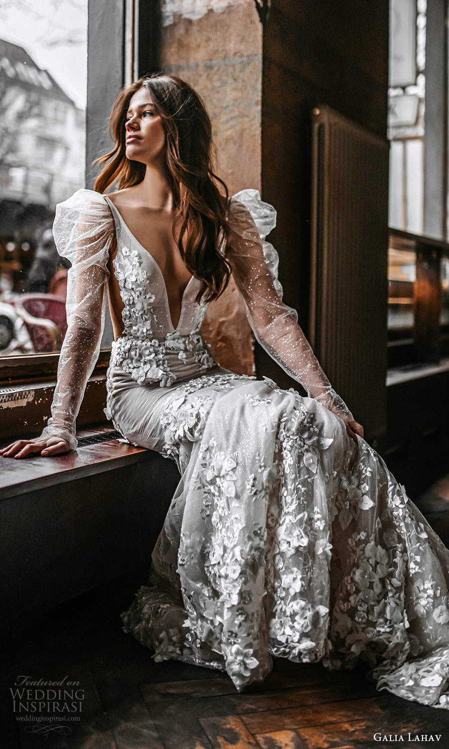 galia lahav spring 2022 gala bridal long puff sleeve plunging v neckline fully embellished fit flare mermaid wedding dress chapel train low back (6) fv