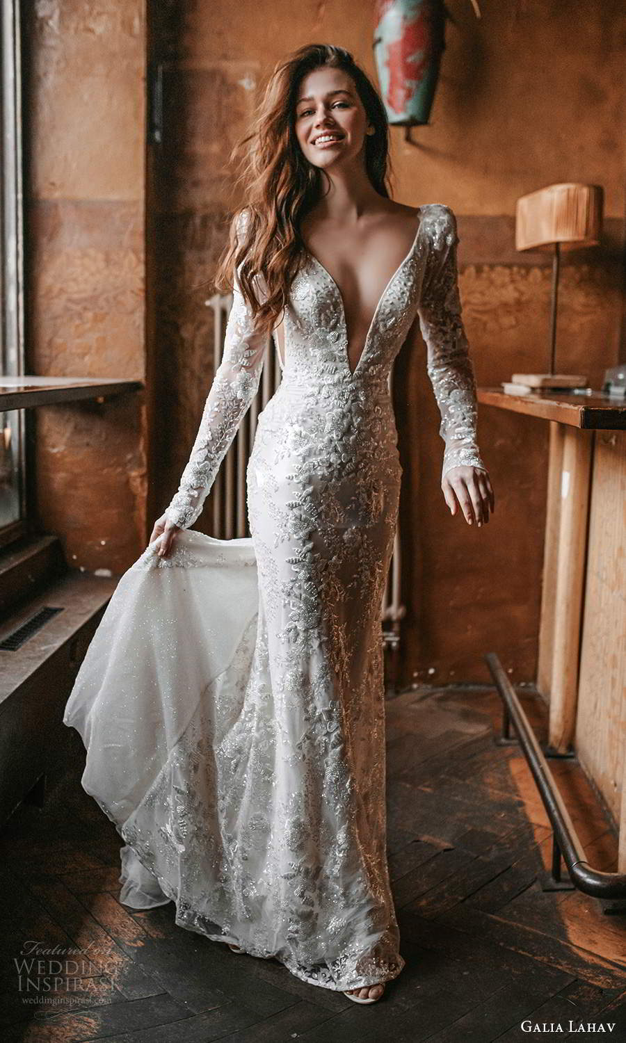 galia lahav spring 2022 gala bridal long puff sleeves plunging v necklne fully embellished sheath wedding dress chapel train (5) mv