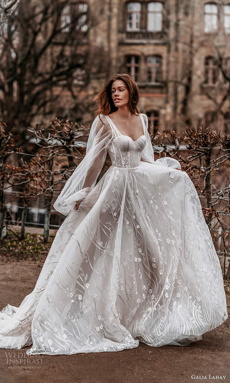 galia lahav spring 2022 gala bridal sheer bishop long sleeve sweetheart neckline fully embellished romantic a line ball gown wedding dress chapel train (9) mv