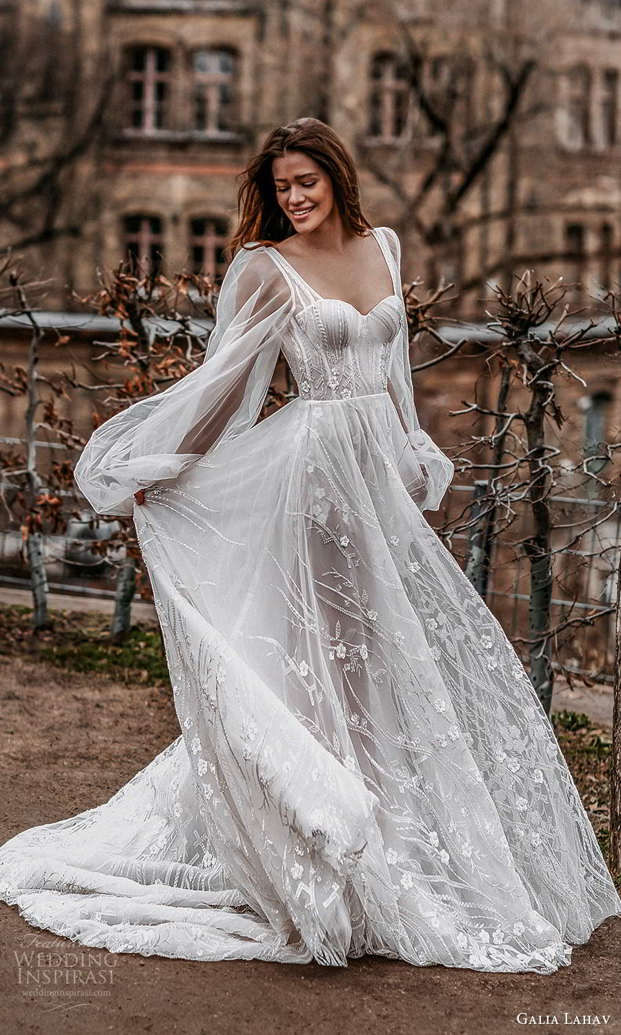 galia lahav spring 2022 gala bridal sheer bishop long sleeve sweetheart neckline fully embellished romantic a line ball gown wedding dress chapel train (9) sv