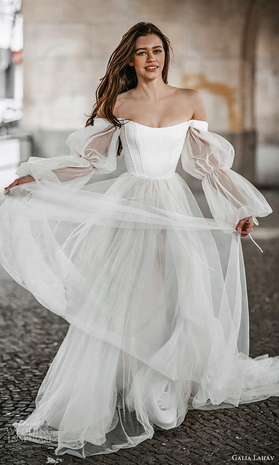 galia lahav spring 2022 gala bridal sheer bishop sleeps off shoulder scoop neckline clean minimalist a line ball gown wedding dress chapel train (10) mv