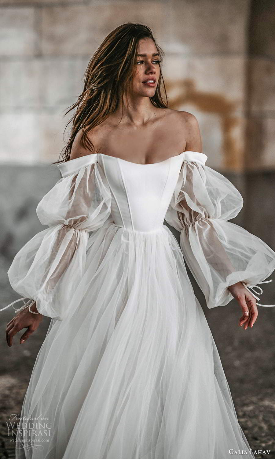 galia lahav spring 2022 gala bridal sheer bishop sleeps off shoulder scoop neckline clean minimalist a line ball gown wedding dress chapel train (10) zv