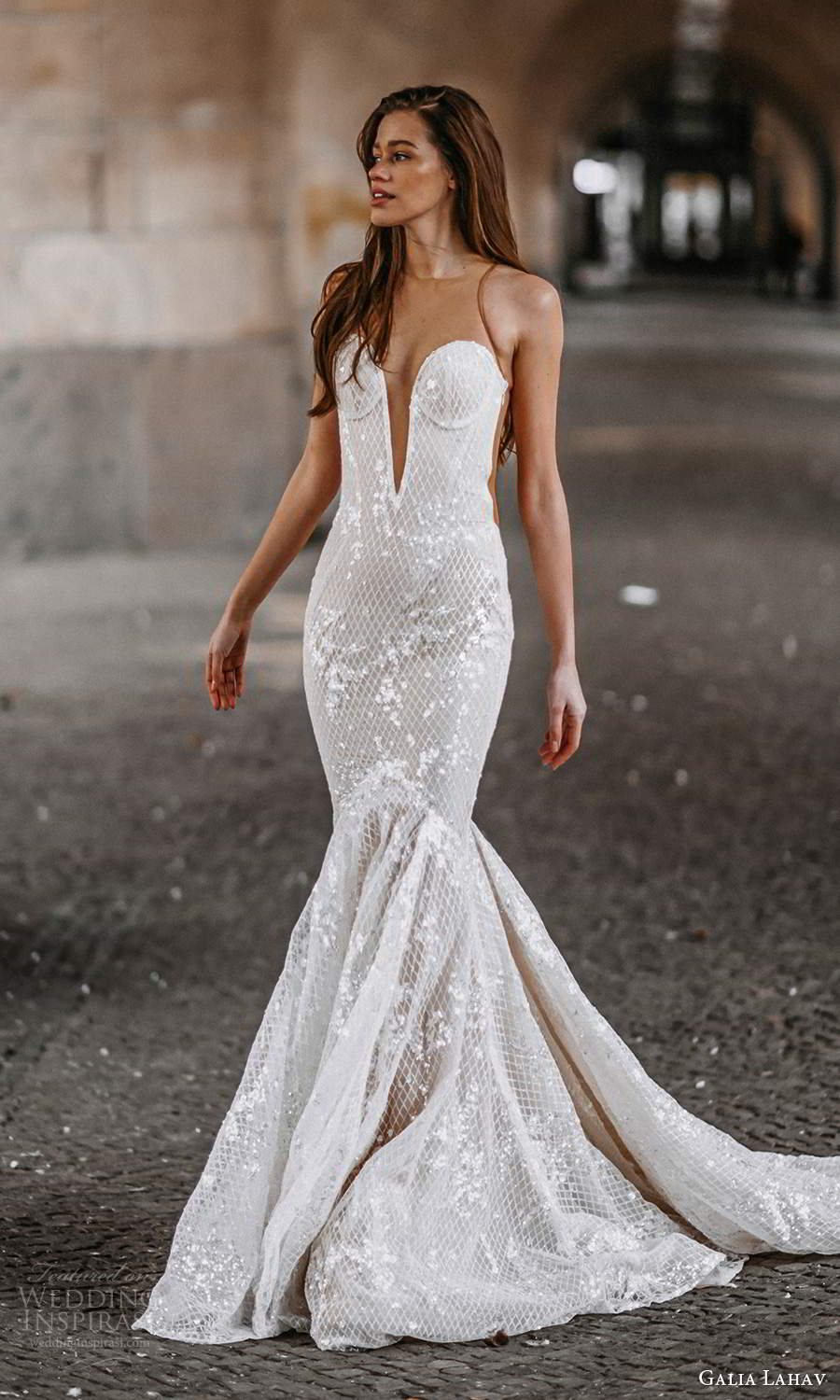 galia lahav spring 2022 gala bridal sleeveless sheer straps plunging sweetheart neckline fully embellished fit flare mermaid wedding dress chapel train (7) sv