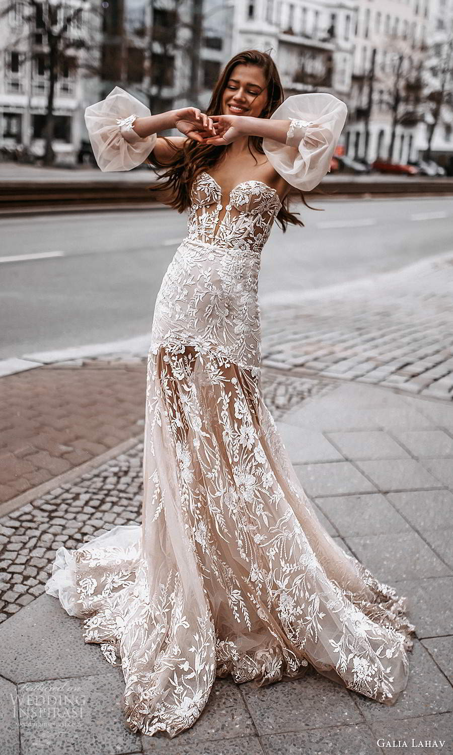galia lahav spring 2022 gala bridal strapless sweetheart neckline fully embellished lace fit flare modified a line wedding dress chapel train detached puff sleeves (3) mv
