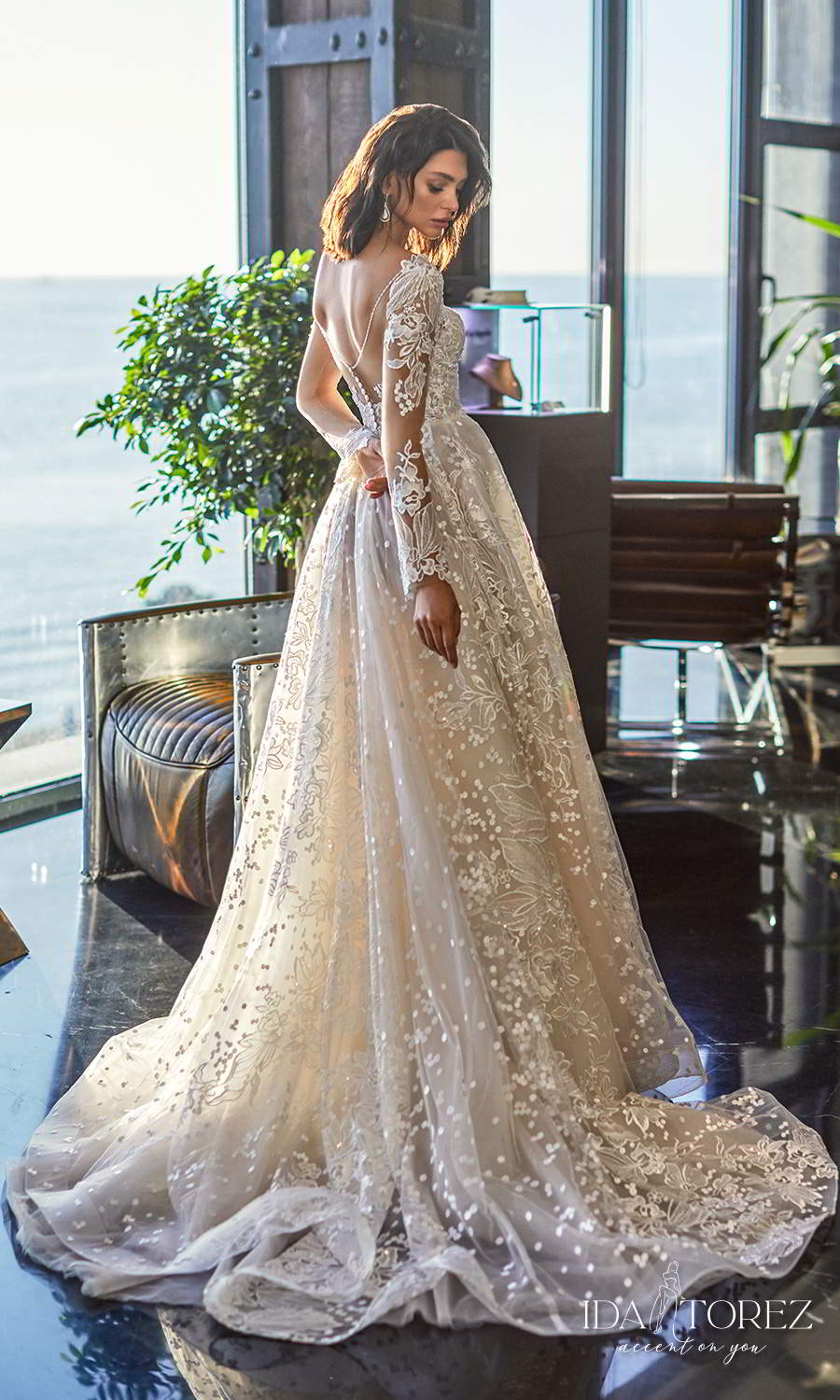 ida torez 2021 bridal long sleeve plunging v neckline fully embellished lace a line ball gown wedding dress chapel train sheer back (ideal woman) bv