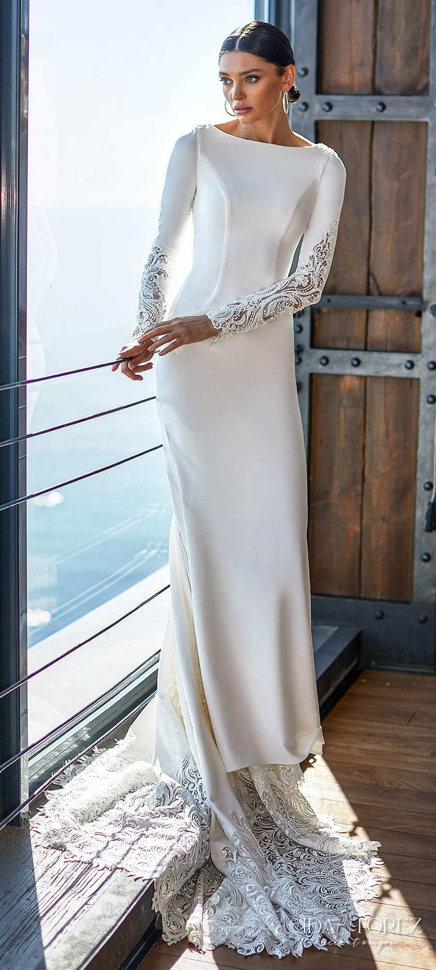 ida torez 2021 bridal long sleeves bateau neckline embellished cuff clean minimalist sheath wedding dress illusion back chapel train (perfect choice) lv
