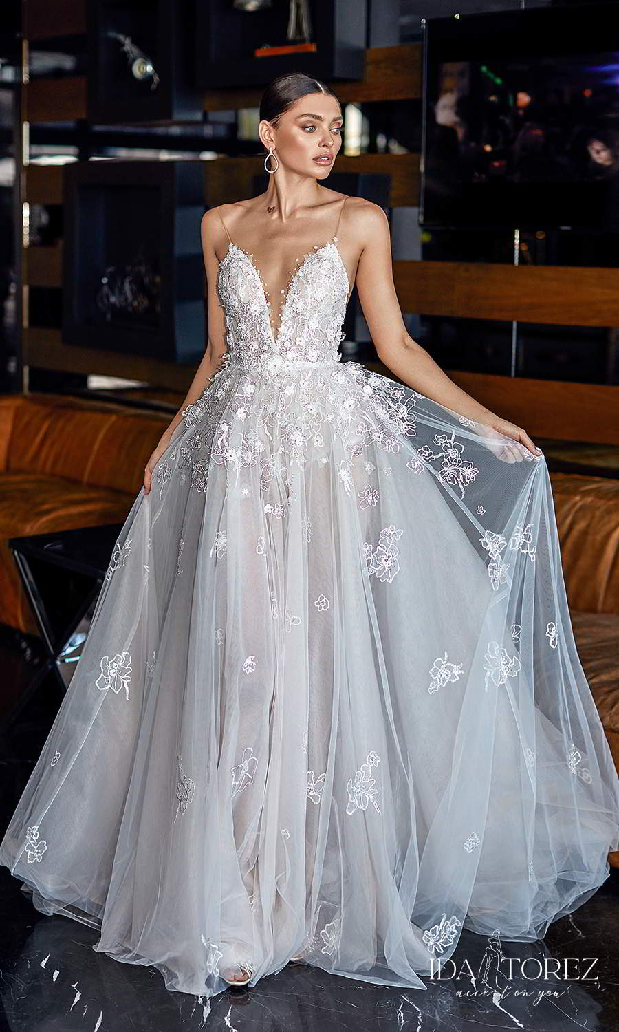 ida torez 2021 bridal sleeveless straps plunging v neckline embellished bodice a line ball gown wedding dress chapel train (speed of feelings) mv