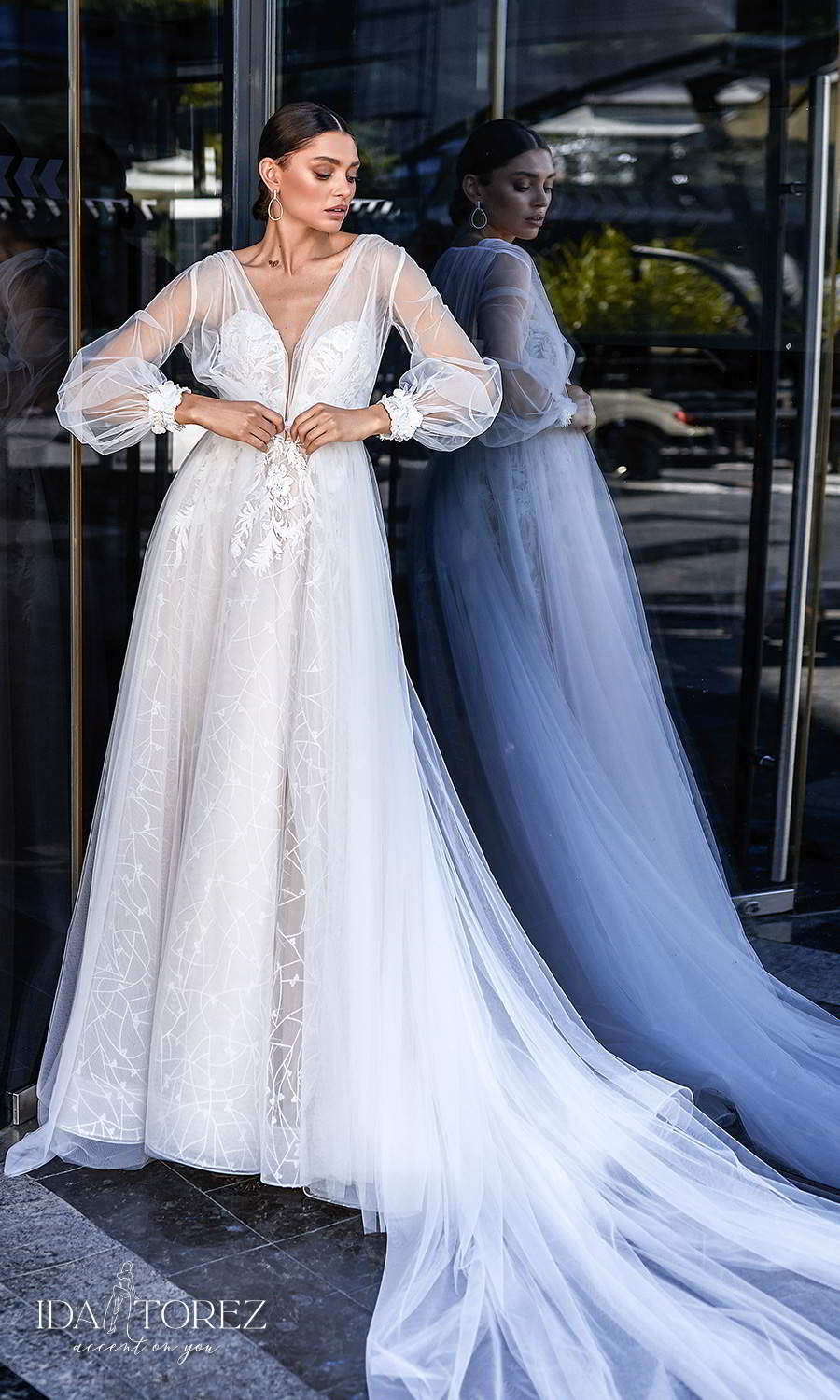 ida torez 2021 bridal strapless sweetheart neckline fully embellished a line ball gown wedding dress chapel train long puff sleeve coat (desire) mv