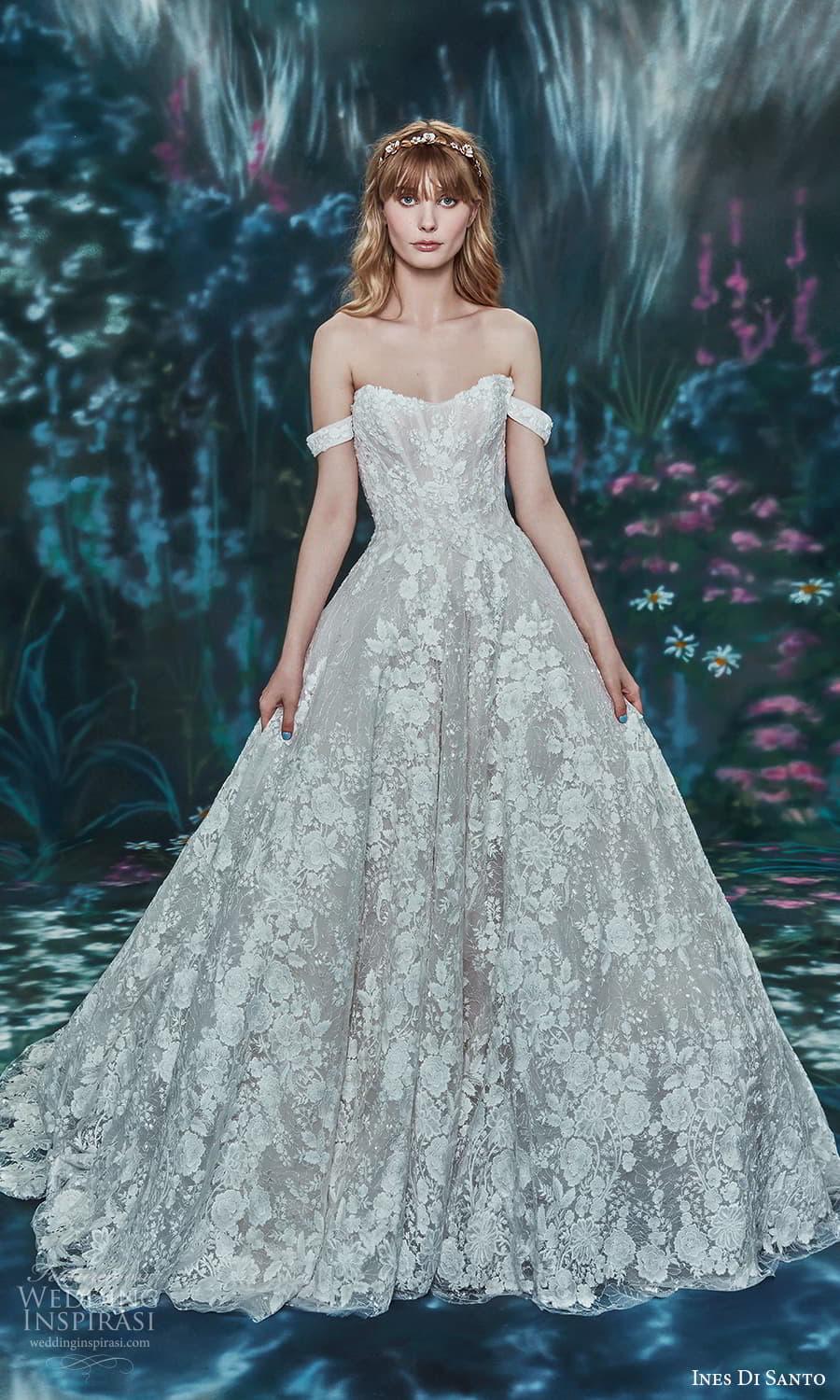 ines di santo spring 2022 bridal off shoulder straps sweetheart neckline fully embellished a line ball gown wedding dress chapel train (13) mv