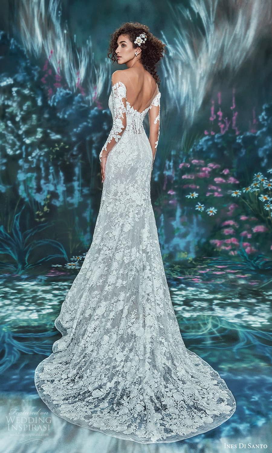 ines di santo spring 2022 bridal sheer long sleeves semi sweetheart neckline fully embellishe fit flare mermaid wedding dress chapel train (2) bv