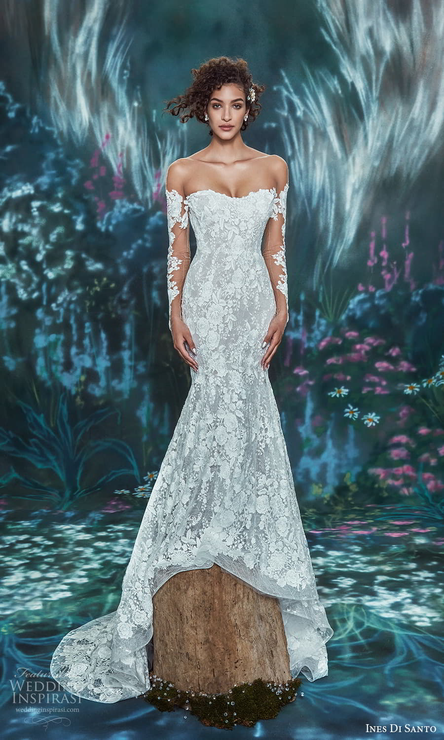 ines di santo spring 2022 bridal sheer long sleeves semi sweetheart neckline fully embellishe fit flare mermaid wedding dress chapel train (2) mv