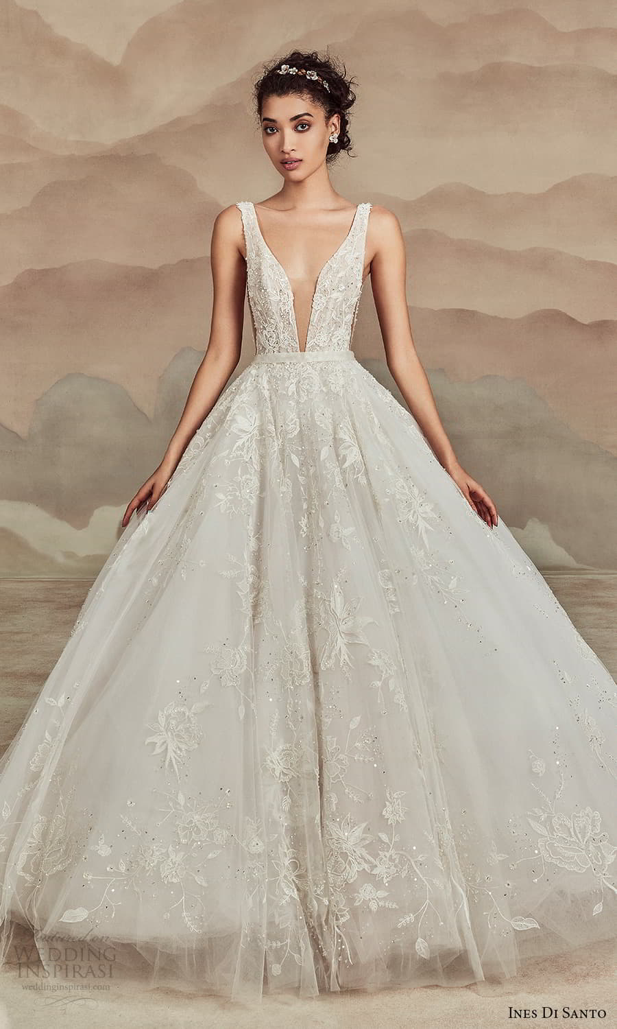 ines di santo spring 2022 bridal sleeveless straps plunging v neckline fully embellished a line ball gown wedding dress chapel train (8) mv