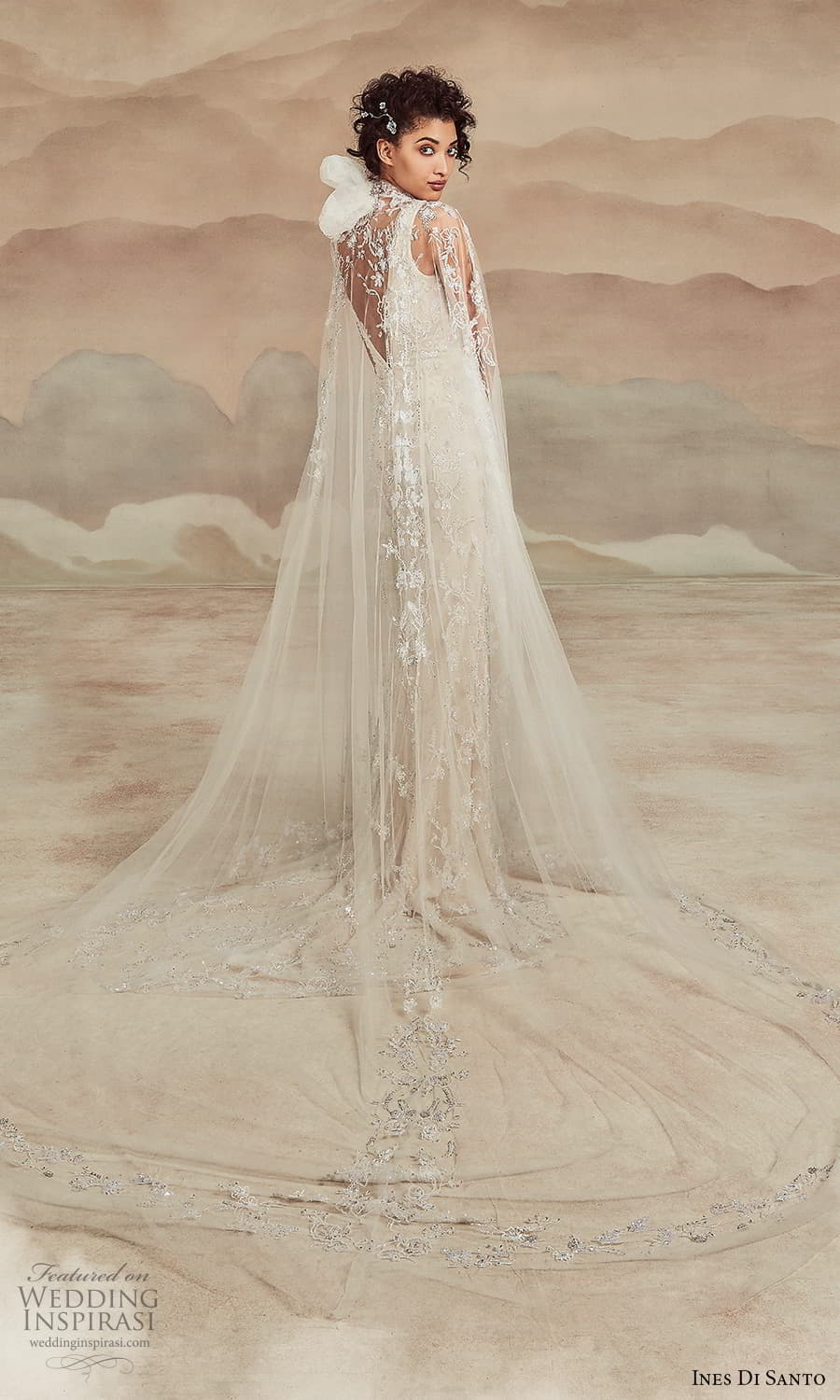 ines di santo spring 2022 bridal sleeveless straps v neckline fully embellished sheath wedding dres slit skirt sheer cape (4) bv