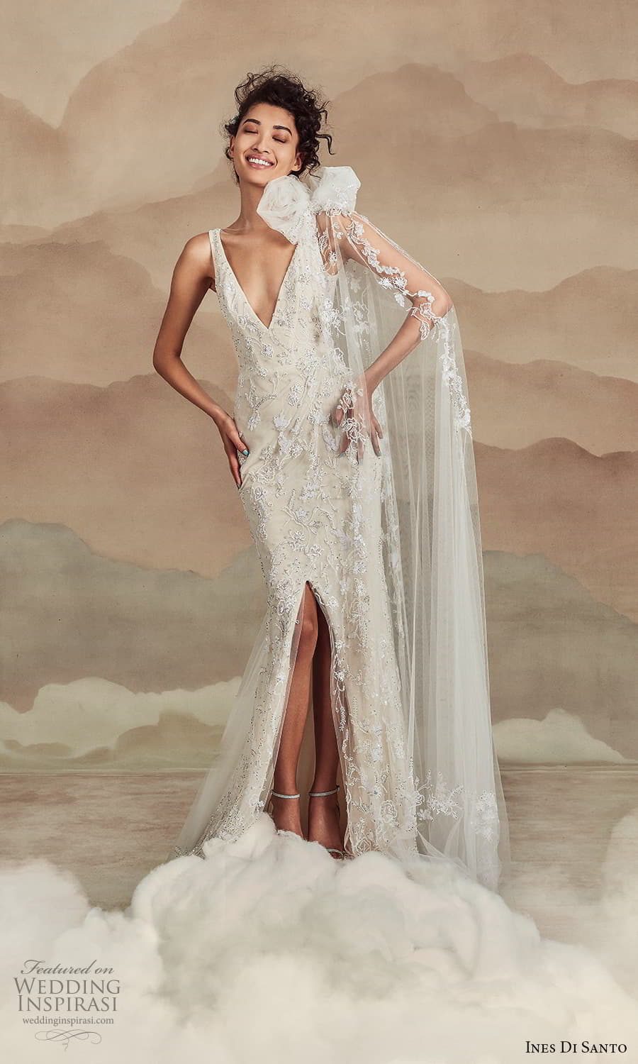 ines di santo spring 2022 bridal sleeveless straps v neckline fully embellished sheath wedding dres slit skirt sheer cape (4) mv