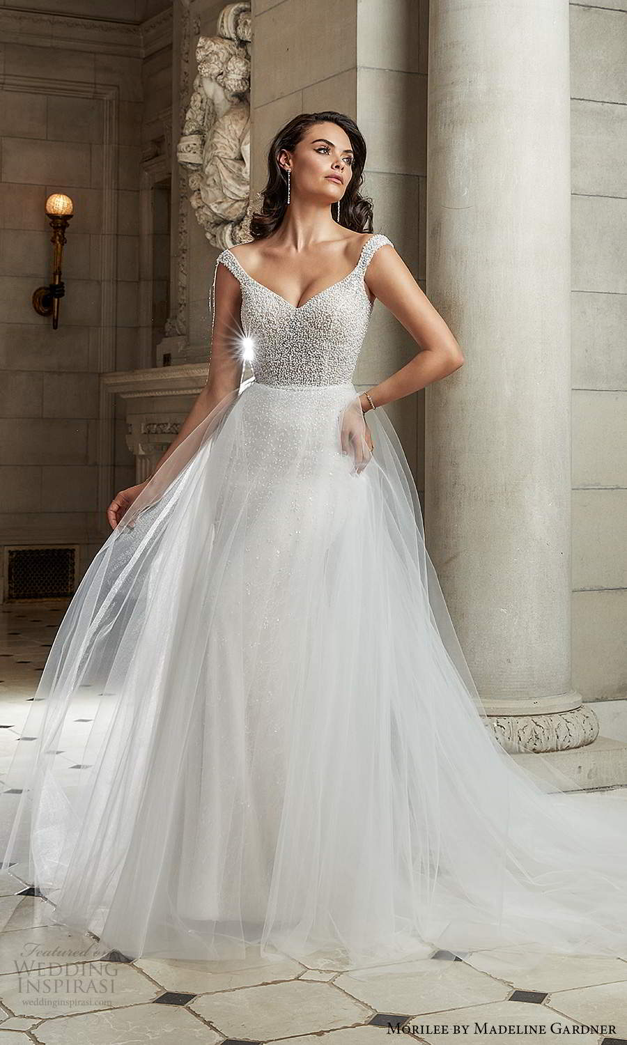 morilee madeline gardner spring 2022 bridal mini cap sleeves off shoulder sweetheart necklnie fully embellished sheath wedding dress chapel train sheer a line overskirt (9) fv morilee madeline gardner spring 2022 bridal mini cap sleeves off shoulder sweetheart necklnie fully embellished sheath wedding dress chapel train sheer a line overskirt (9) fv