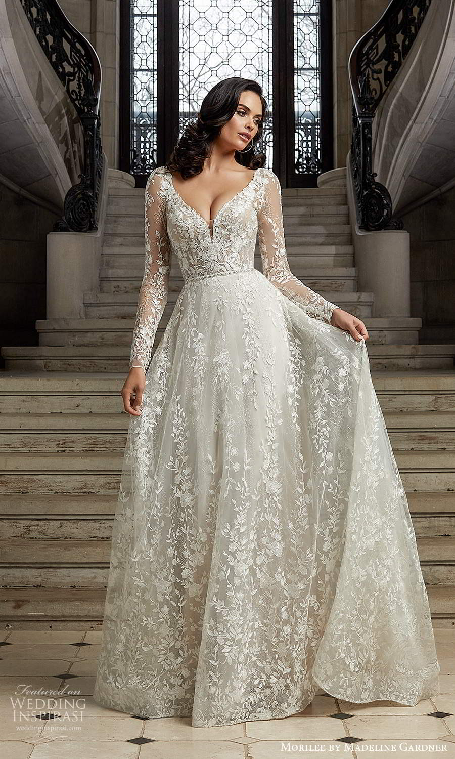 morilee madeline gardner spring 2022 bridal sheer long sleeves v neckline fully embellished lace a line ball gown wedding dress chapel train (7) mv