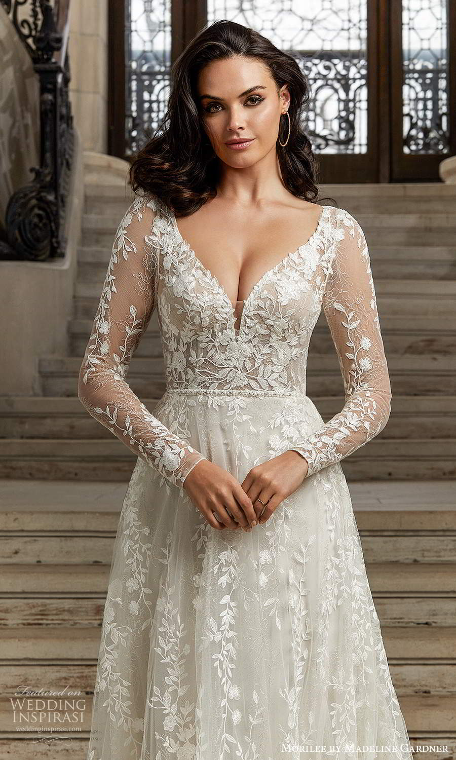 morilee madeline gardner spring 2022 bridal sheer long sleeves v neckline fully embellished lace a line ball gown wedding dress chapel train (7) zv