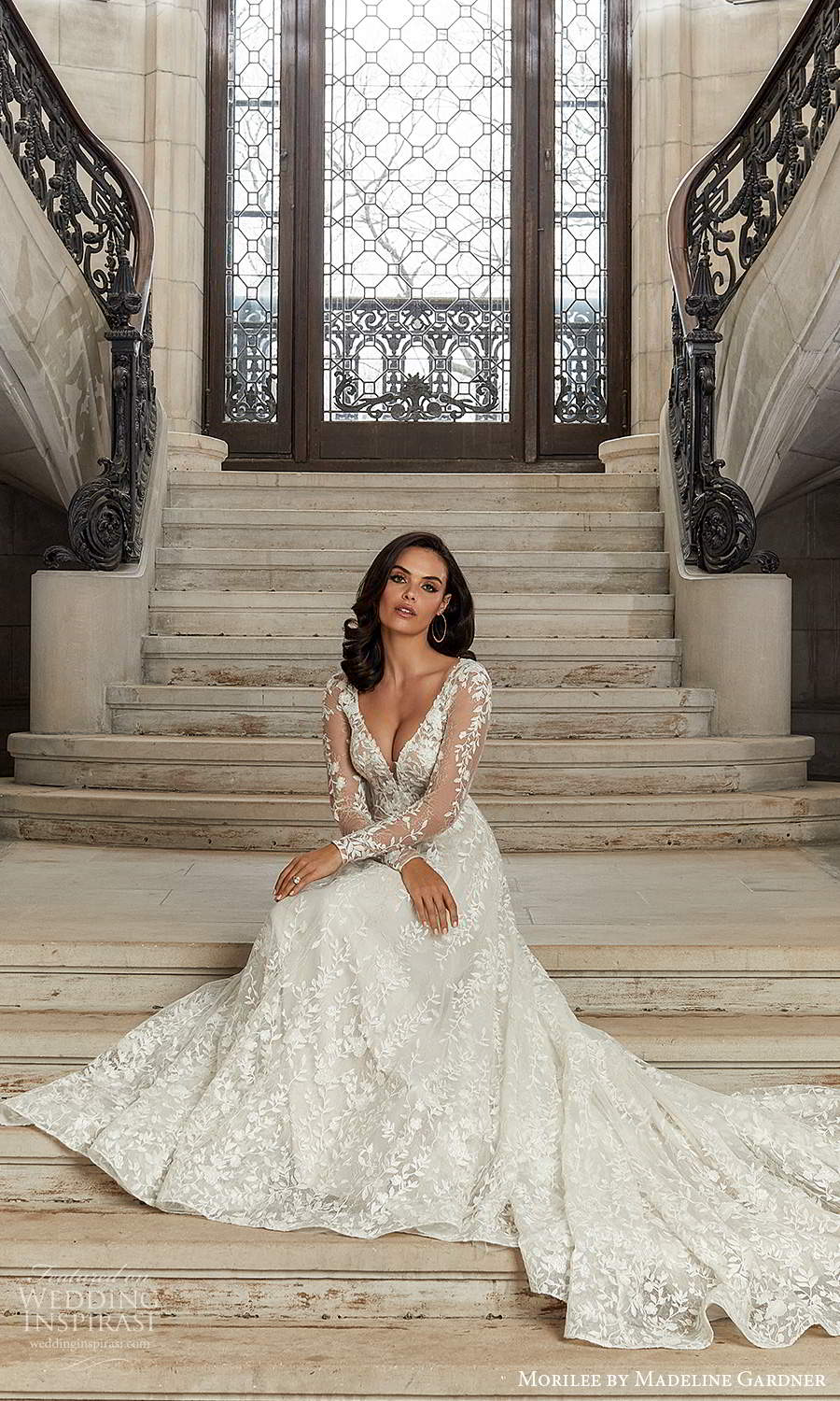 morilee madeline gardner spring 2022 bridal sheer long sleeves v neckline fully embellished lace a line ball gown wedding dress chapel train keyhole back (7) fv