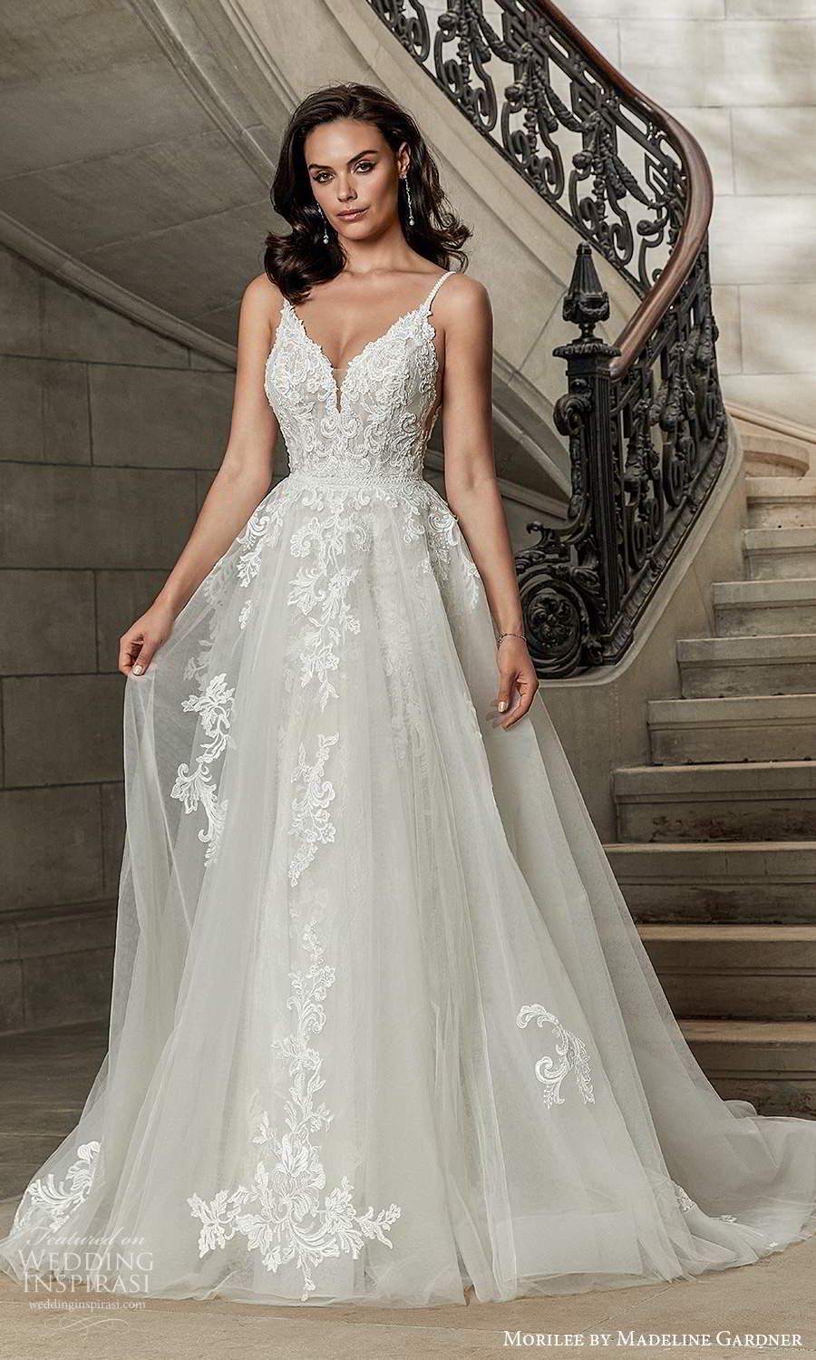 morilee madeline gardner spring 2022 bridal sleeveless straps sweetheart neckline fully embellished sheath wedding dress chapel train ball gown overskirt (5) mv