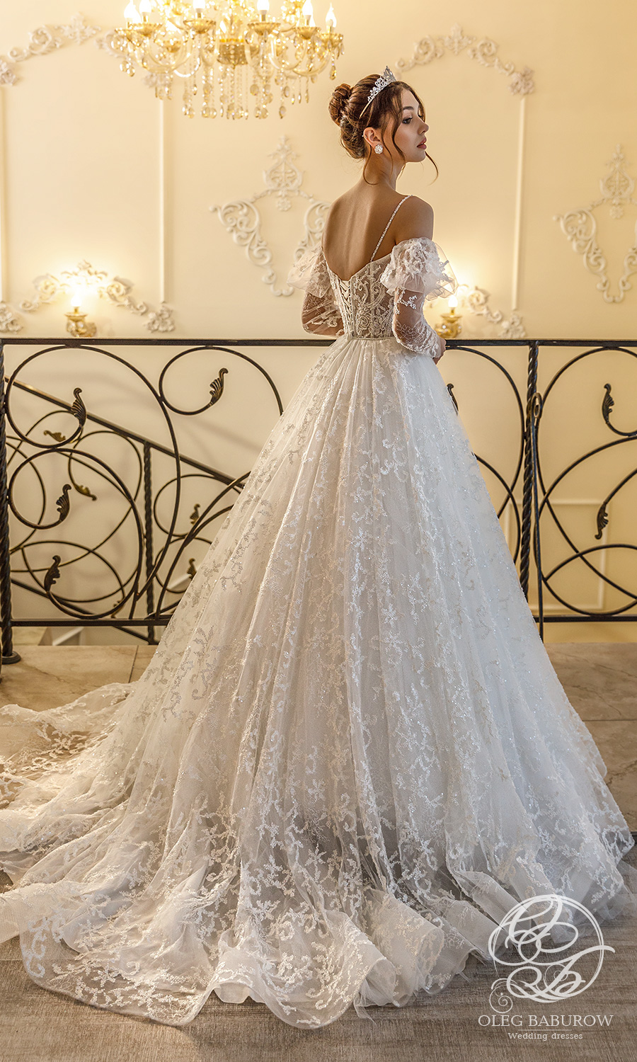 oleg baburow 2021 life miracle bridal cold off shoulder long puff sleeves straps sweetheart neckline a line ball gown wedding dress chapel train (rosa) bv