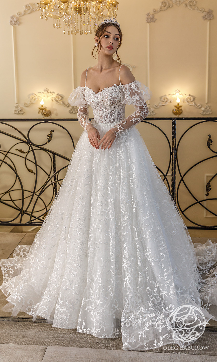 oleg baburow 2021 life miracle bridal cold off shoulder long puff sleeves straps sweetheart neckline a line ball gown wedding dress chapel train (rosa) mv