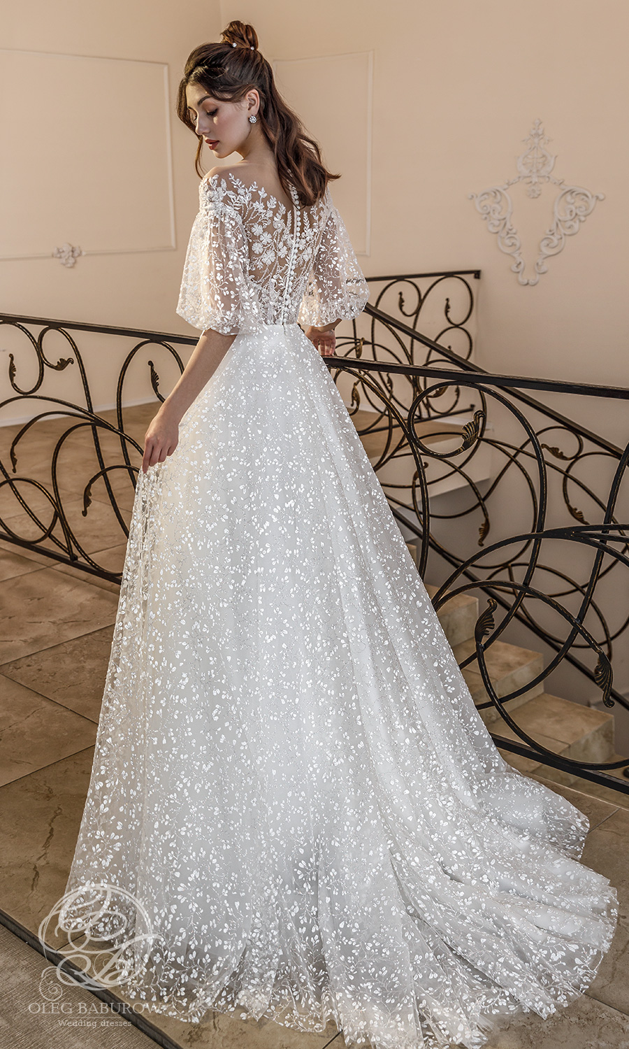 oleg baburow 2021 life miracle bridal elbow length puff sleeves off shoulder neckline embellished bodice a line ball gown wedding dress chapel train (muse) bv