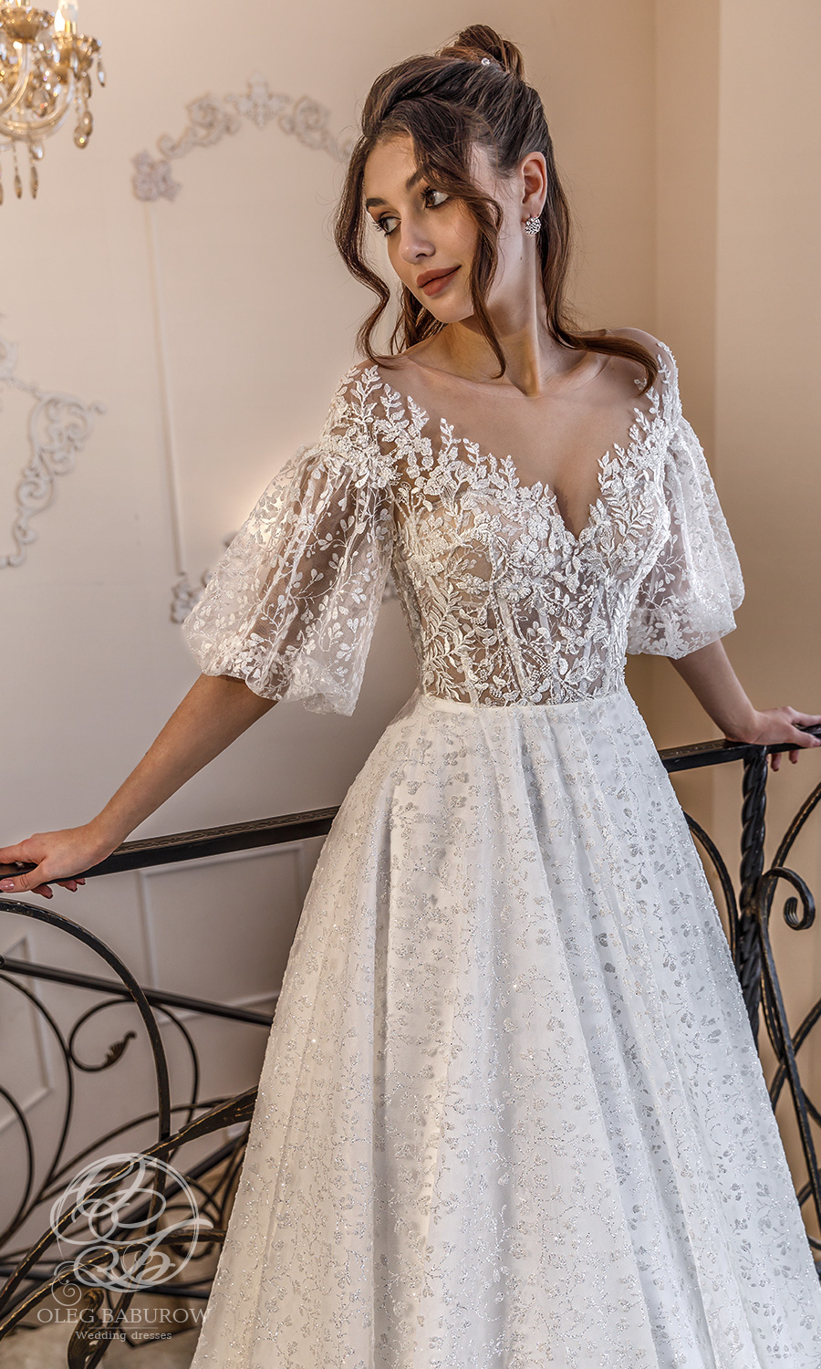 oleg baburow 2021 life miracle bridal elbow length puff sleeves off shoulder neckline embellished bodice a line ball gown wedding dress chapel train (muse) mv