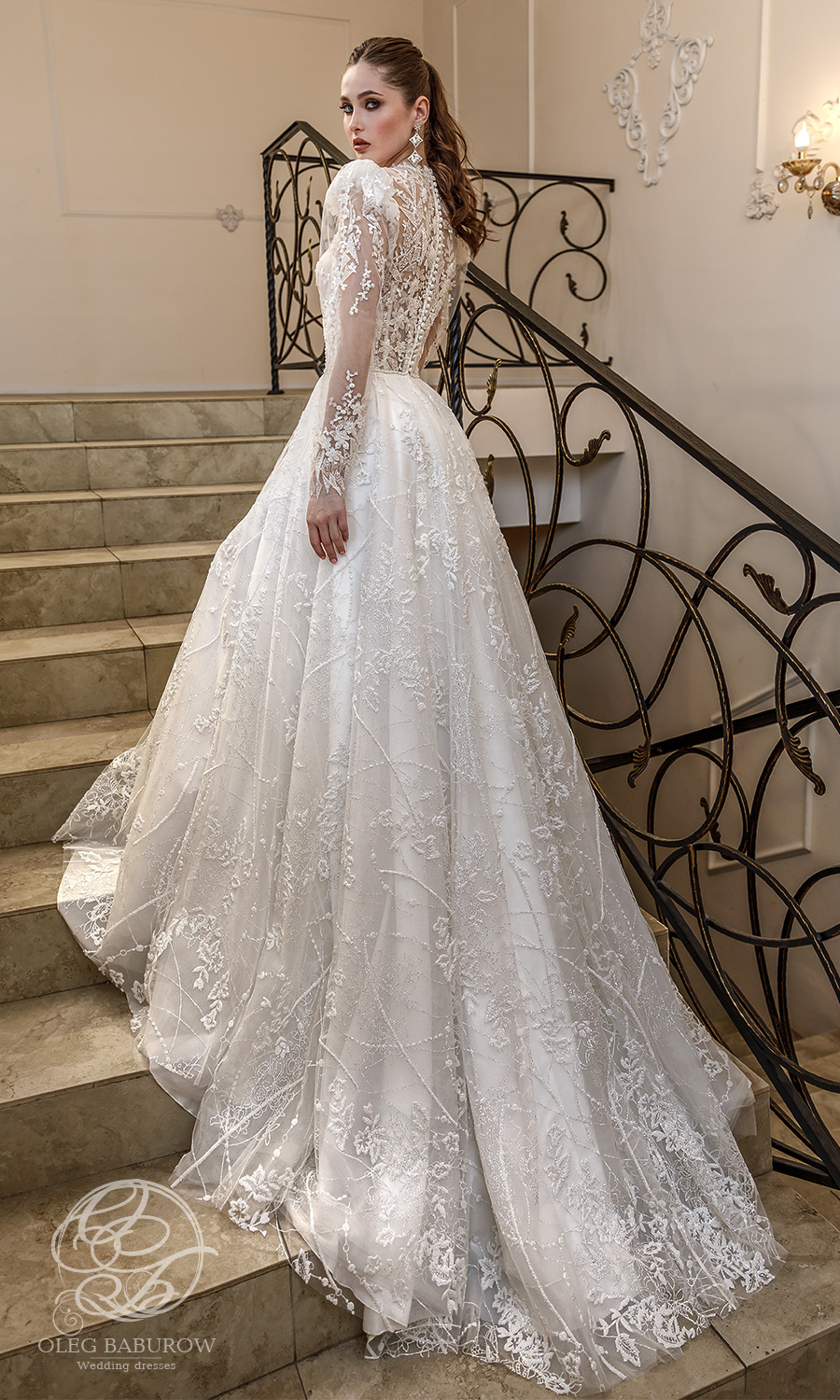 oleg baburow 2021 life miracle bridal long puff sleeves jewel nekline embellished lace a line ball gown wedding dress chapel train (azzaria) bv