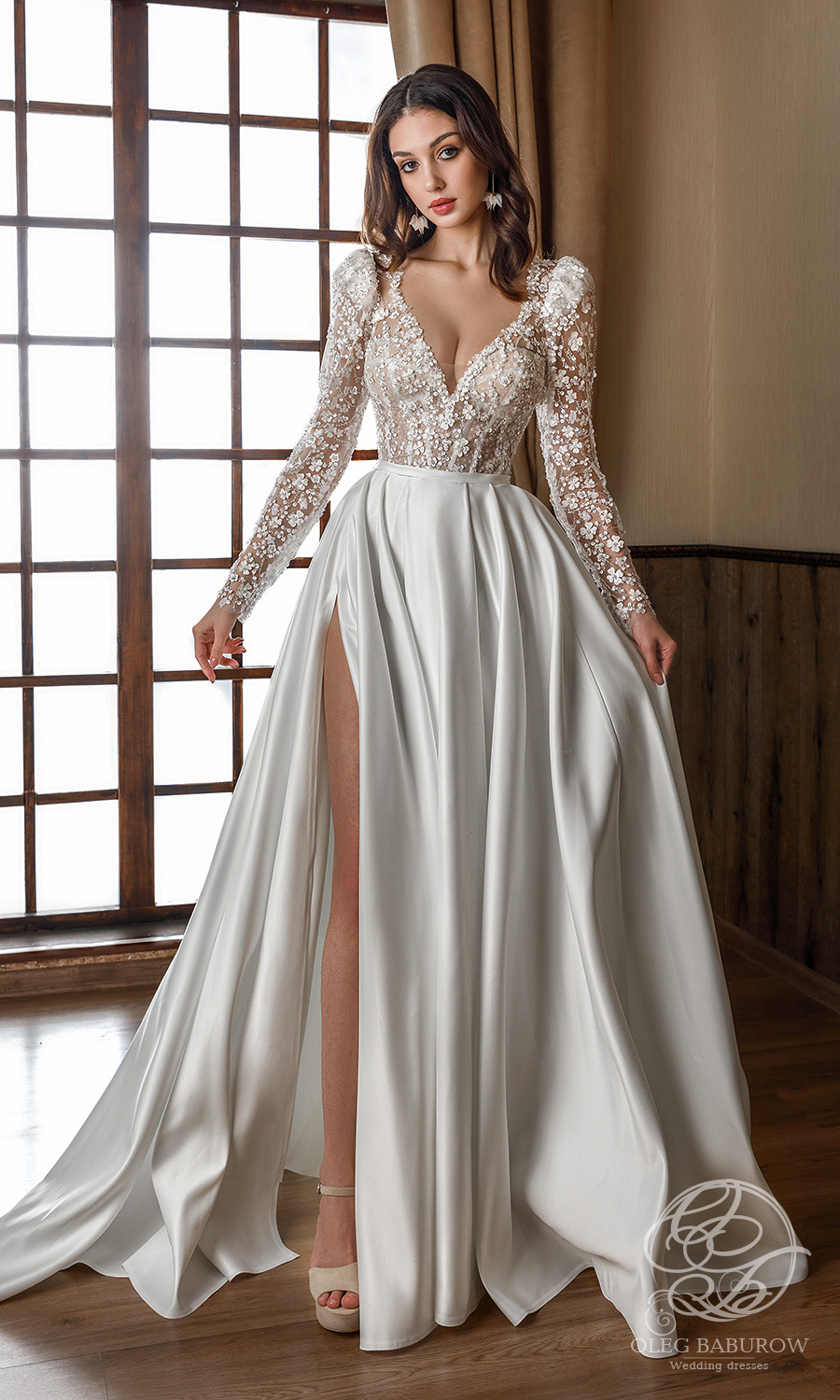 oleg baburow 2021 life miracle bridal long puff sleeves v neckline embellished corset bodice clean slit skirt a line ball gown wedding dress chapel train (nancy) fv