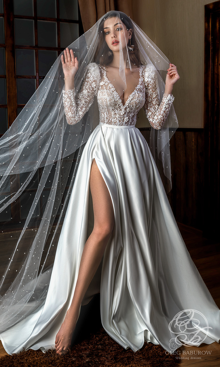 oleg baburow 2021 life miracle bridal long puff sleeves v neckline embellished corset bodice clean slit skirt a line ball gown wedding dress chapel train (nancy) mv