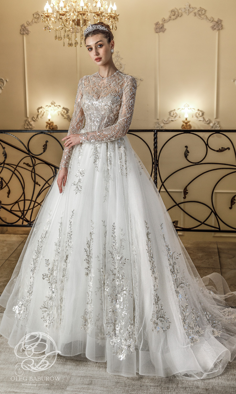 oleg baburow 2021 life miracle bridal long sleeves jewel neckline heavily embellished bodice a line ball gown wedding dress chapel train (claudia) mv