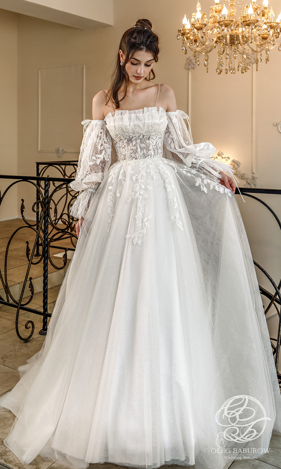 oleg baburow 2021 life miracle bridal off shoulder sheet bishop sleeves semi sweetheart neckline embellished bodice a line ball gown wedding dress chapel train (vanda) mv