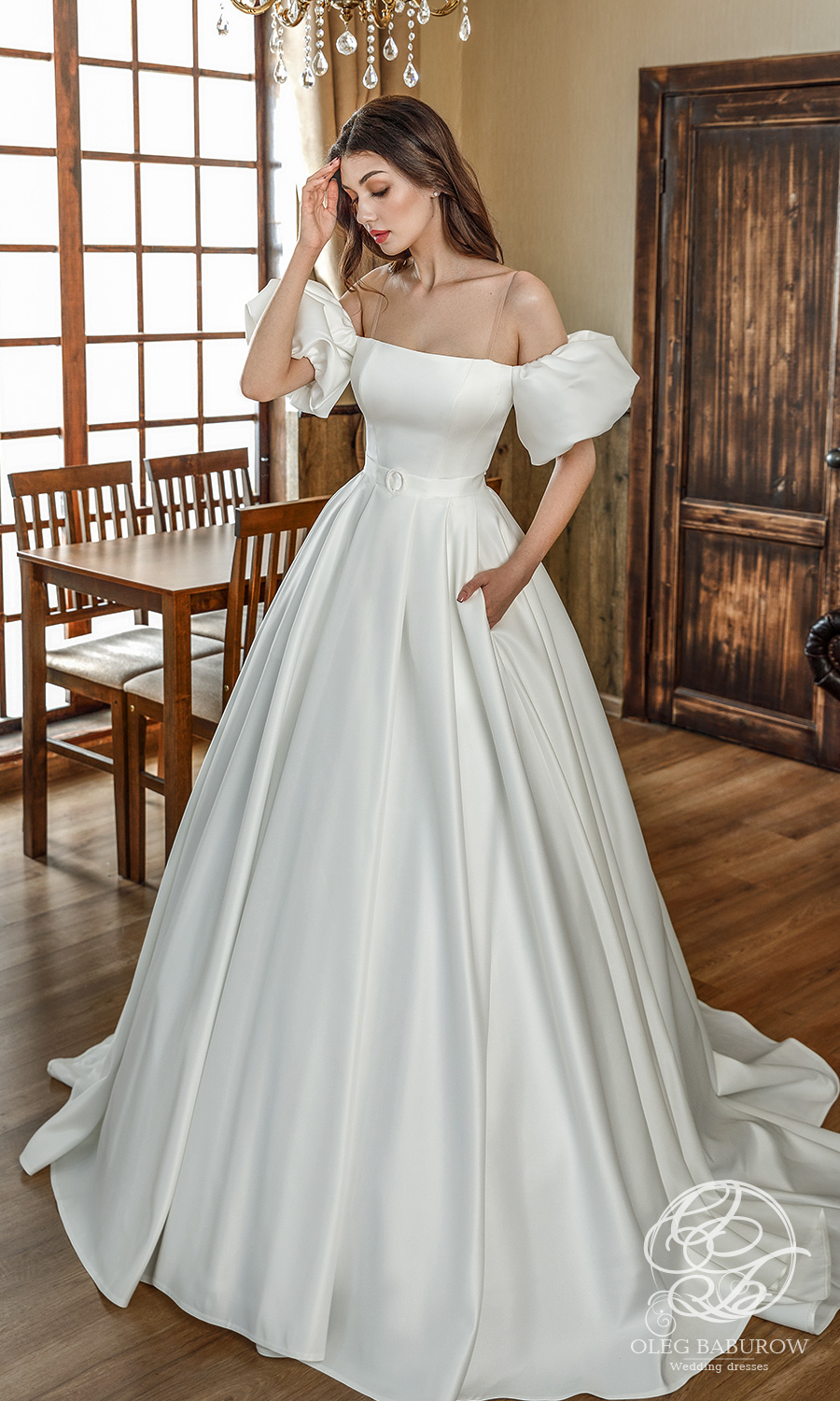 oleg baburow 2021 life miracle bridal off shoulder short puff sleeves straight across neckline clean minimalist a line ball gown wedding dress chapel train (sabrina) mv