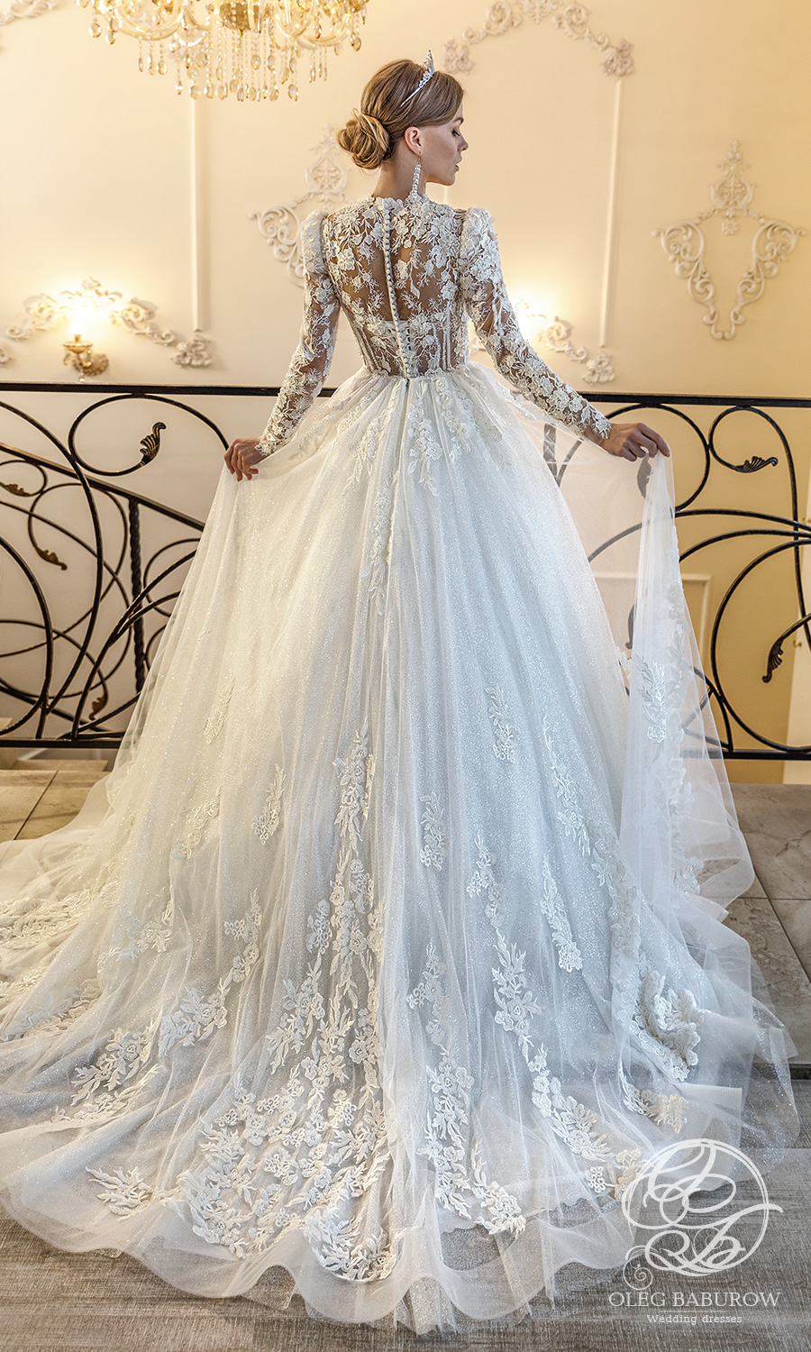 oleg baburow 2021 life miracle bridal sheer long puff sleeves jewel neckline embellished bodice lace skirt a line ball gown wedding dress chapel train (elsa) bv