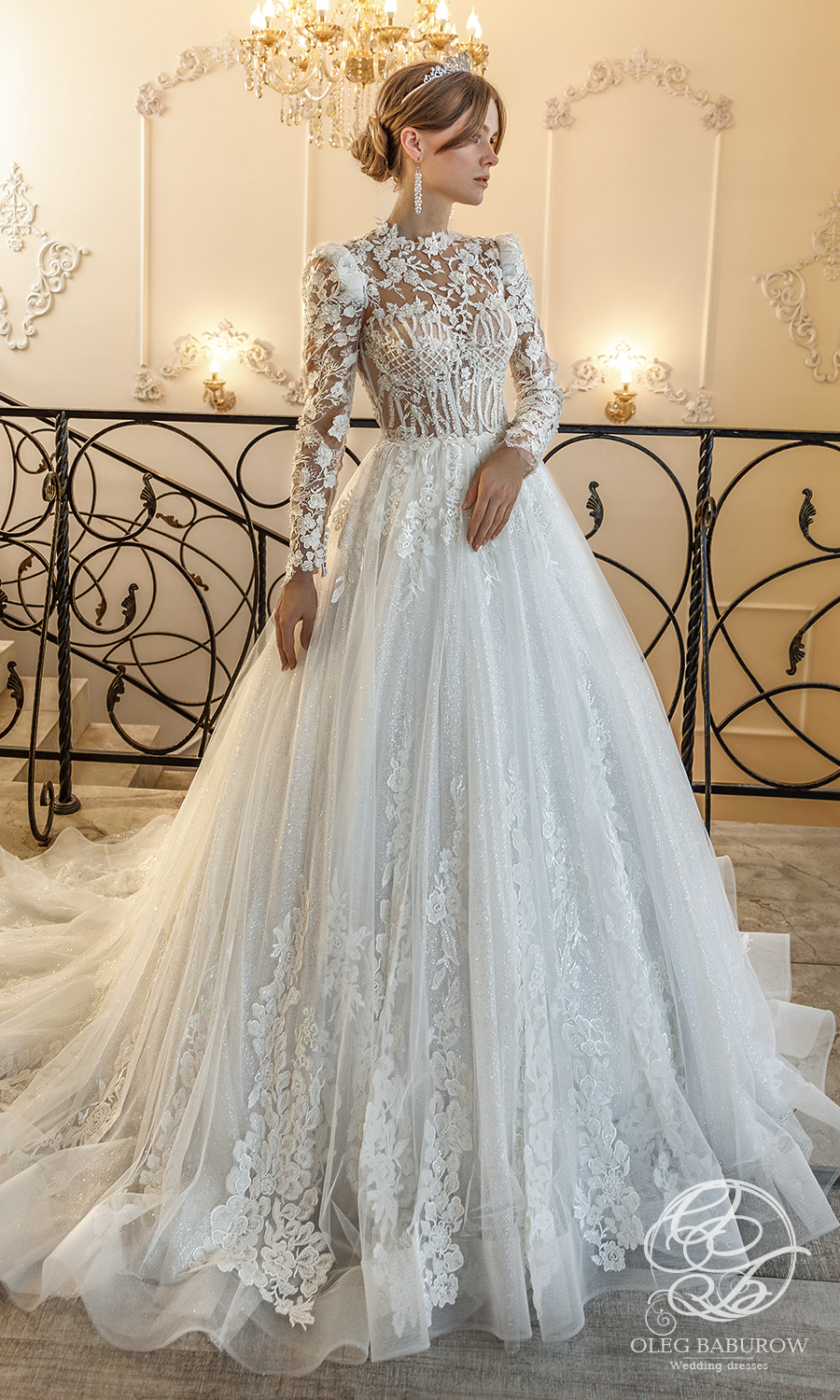 oleg baburow 2021 life miracle bridal sheer long puff sleeves jewel neckline embellished bodice lace skirt a line ball gown wedding dress chapel train (elsa) mv