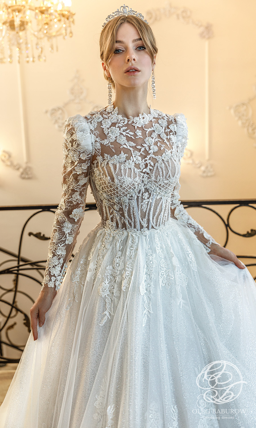 oleg baburow 2021 life miracle bridal sheer long puff sleeves jewel neckline embellished bodice lace skirt a line ball gown wedding dress chapel train (elsa) zv