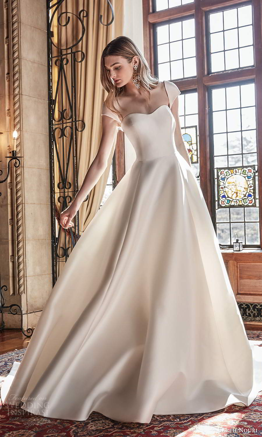 sareh nouri spring 2022 bridal cap sleeves sweetheart neckline clean minimalist a line ball gown wedding dress chapel train (7) mv
