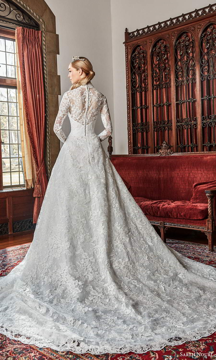 sareh nouri spring 2022 bridal long sleeve high collar v neckline fully embellished lace a line ball gown wedding dress chapel train (1) bv sareh nouri spring 2022 bridal long sleeve high collar v neckline fully embellished lace a line ball gown wedding dress chapel train (1) bv