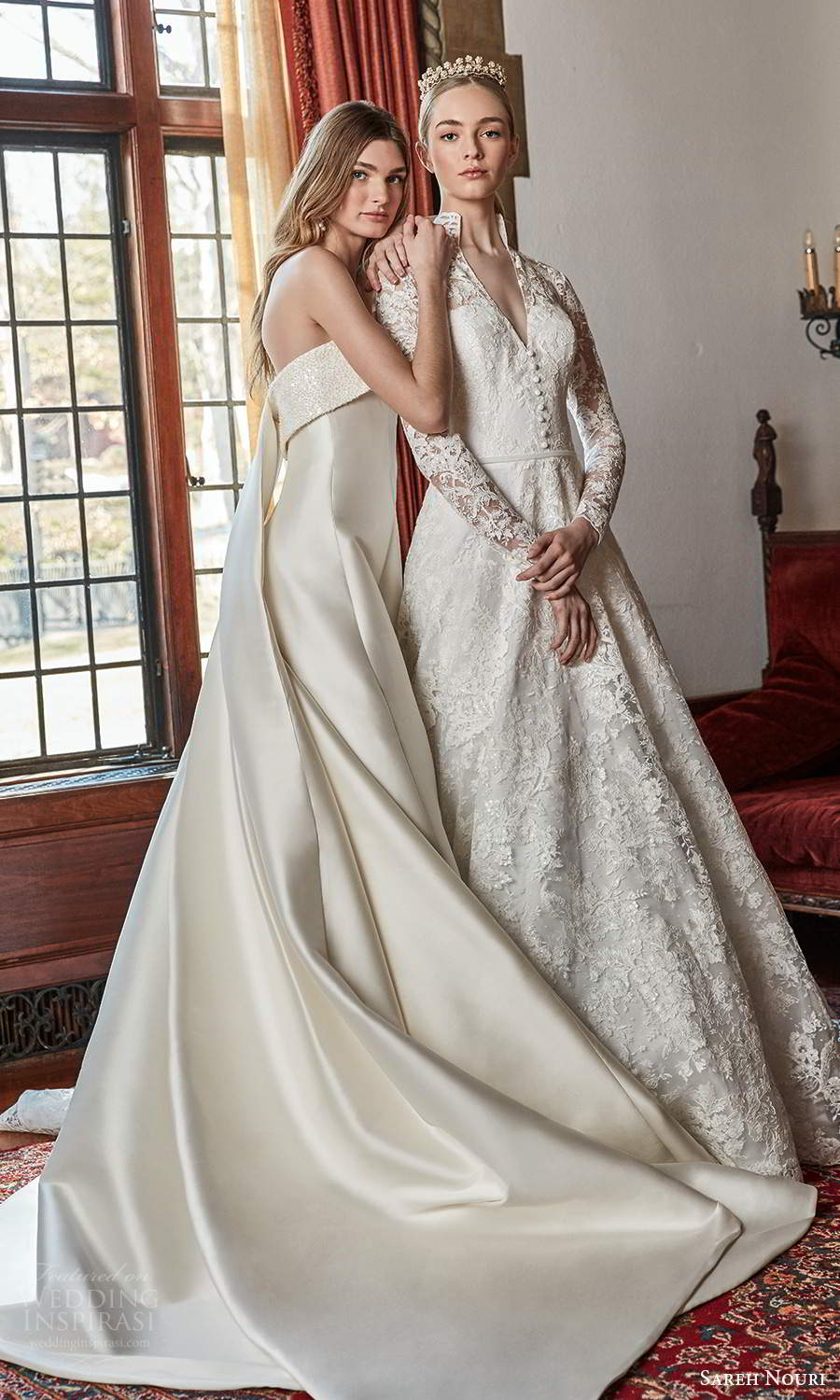 sareh nouri spring 2022 bridal long sleeve high collar v neckline fully embellished lace a line ball gown wedding dress chapel train (1) sv