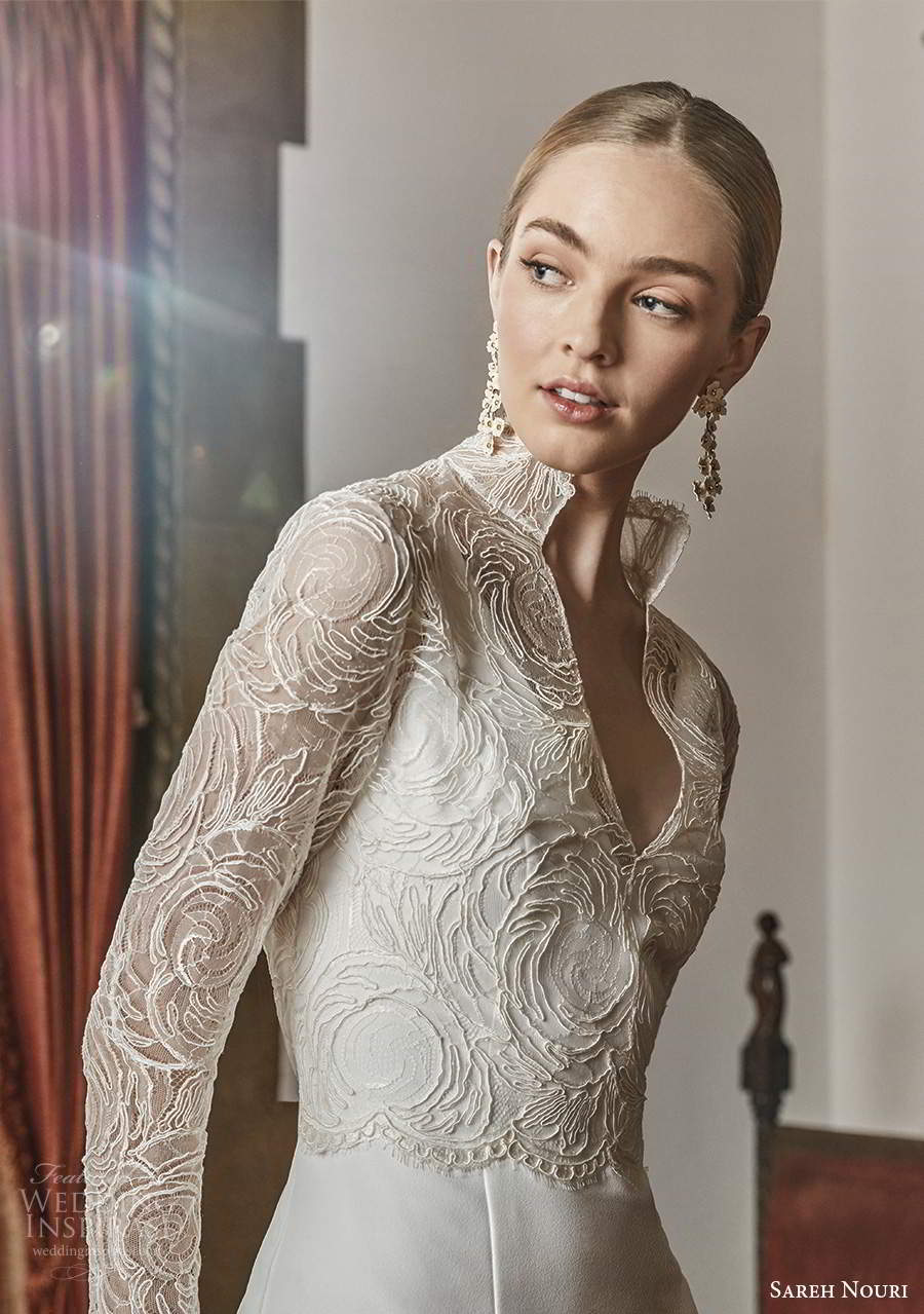 sareh nouri spring 2022 bridal long sleeve high collar v neckline fully embellished lace a line ball gown wedding dress chapel train (1) zv