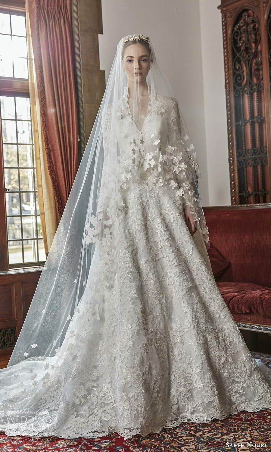 sareh nouri spring 2022 bridal long sleeve high collar v neckline fully embellished lace a line ball gown wedding dress chapel train veil (1) fv 