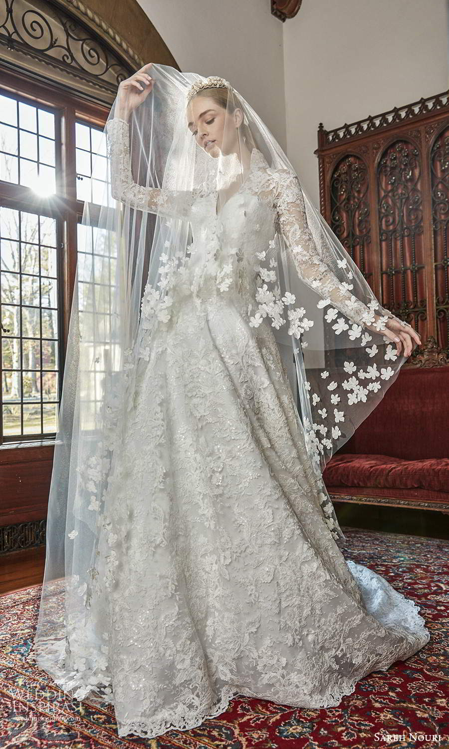 sareh nouri spring 2022 bridal long sleeve high collar v neckline fully embellished lace a line ball gown wedding dress chapel train veil (1) fv