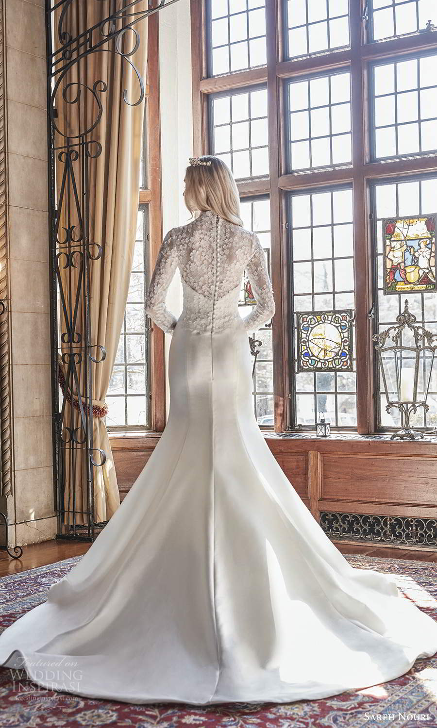 sareh nouri spring 2022 bridal sheer long sleeves high neckline embellished lace bodice clean skirt fit flare mermaid wedding dress chapel train (3) bv