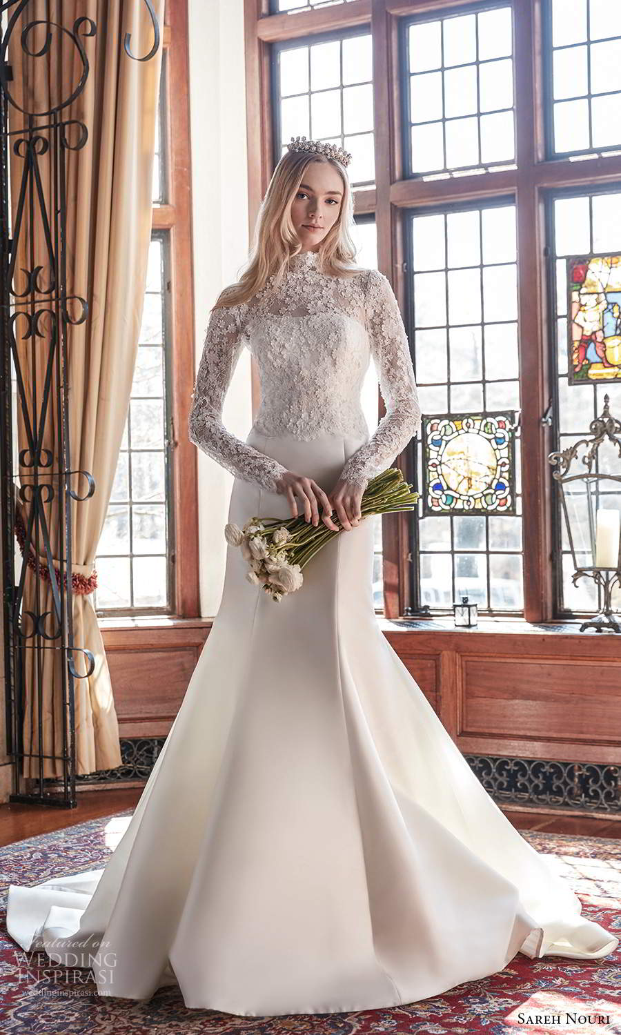 sareh nouri spring 2022 bridal sheer long sleeves high neckline embellished lace bodice clean skirt fit flare mermaid wedding dress chapel train (3) mv