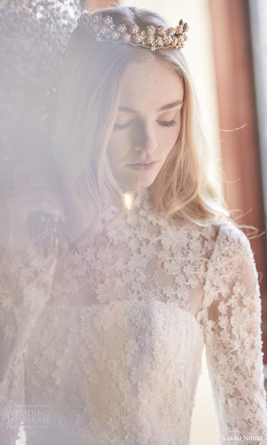 sareh nouri spring 2022 bridal sheer long sleeves high neckline embellished lace bodice clean skirt fit flare mermaid wedding dress chapel train tiara (3) zv sareh nouri spring 2022 bridal sheer long sleeves high neckline embellished lace bodice clean skirt fit flare mermaid wedding dress chapel train tiara (3) zv