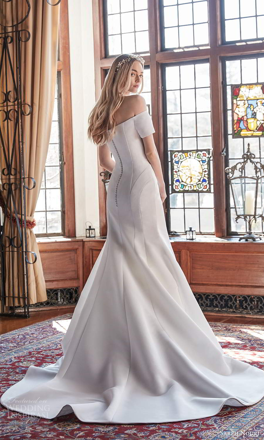 sareh nouri spring 2022 bridal short sleeve off shoulder straight across neckline clean minimalist fit flare mermaid wedding dress chapel train (10) bv sareh nouri spring 2022 bridal short sleeve off shoulder straight across neckline clean minimalist fit flare mermaid wedding dress chapel train (10) bv