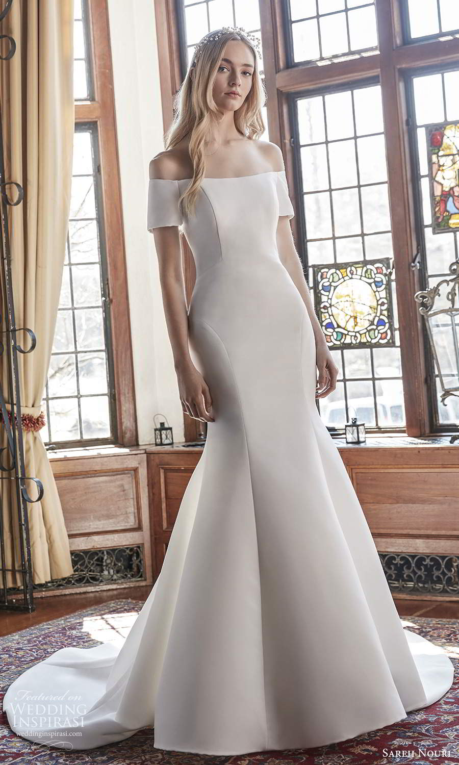 sareh nouri spring 2022 bridal short sleeve off shoulder straight across neckline clean minimalist fit flare mermaid wedding dress chapel train (10) mv