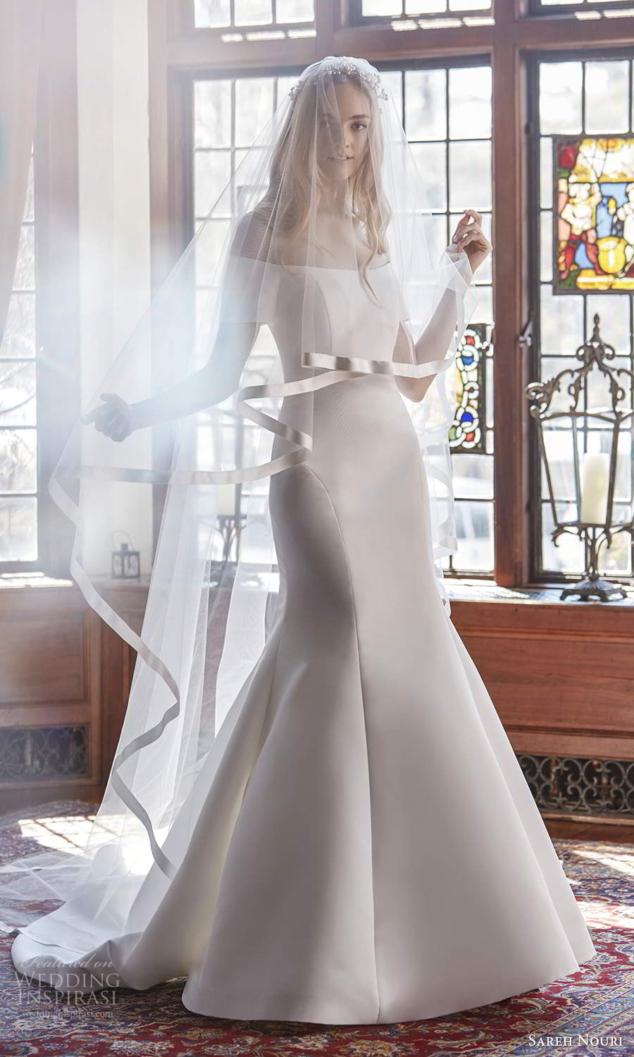 sareh nouri spring 2022 bridal short sleeve off shoulder straight across neckline clean minimalist fit flare mermaid wedding dress chapel train veil (10) mv