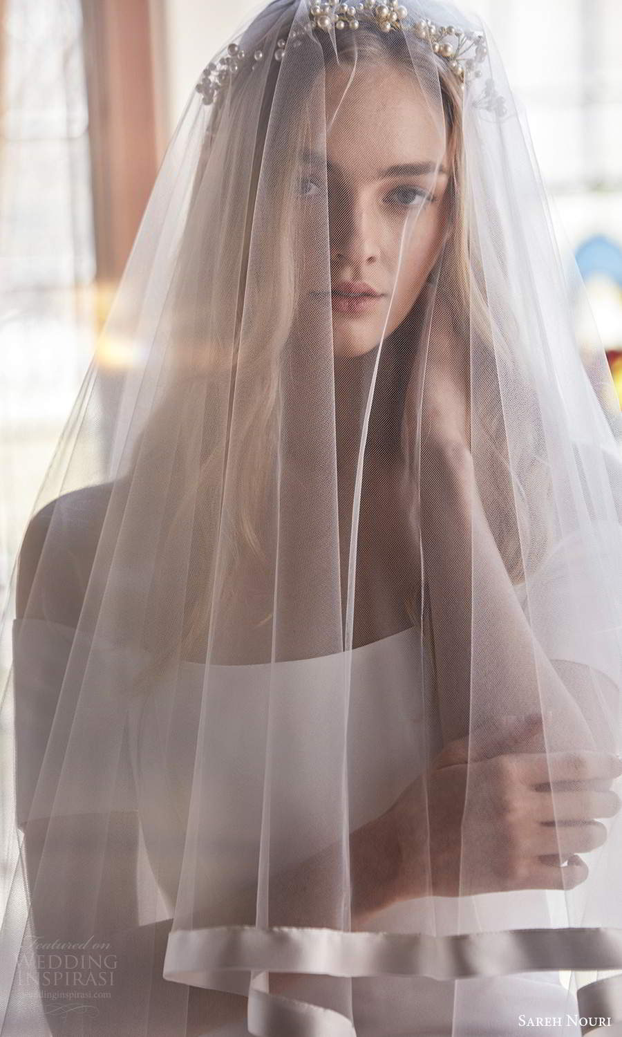 sareh nouri spring 2022 bridal short sleeve off shoulder straight across neckline clean minimalist fit flare mermaid wedding dress chapel train veil (10) zv sareh nouri spring 2022 bridal short sleeve off shoulder straight across neckline clean minimalist fit flare mermaid wedding dress chapel train veil (10) zv